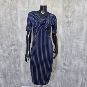 Zara Womens M Semi Sheer Navy Striped Polyester‎ Cowlneck Dress VLV Pinup Retro